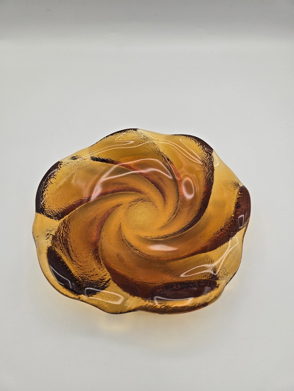 Vintage MCM Amber Thick Art Glass Round Swirl Dish Ashtray